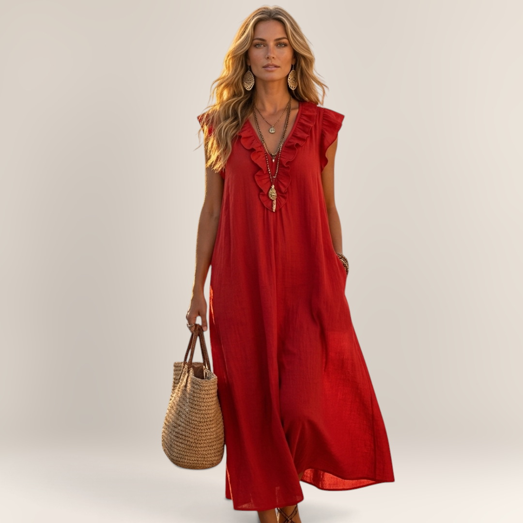 Valvet Oak House red linen-blend maxi dress with ruffle details and side pockets worn by a woman in a Greek village