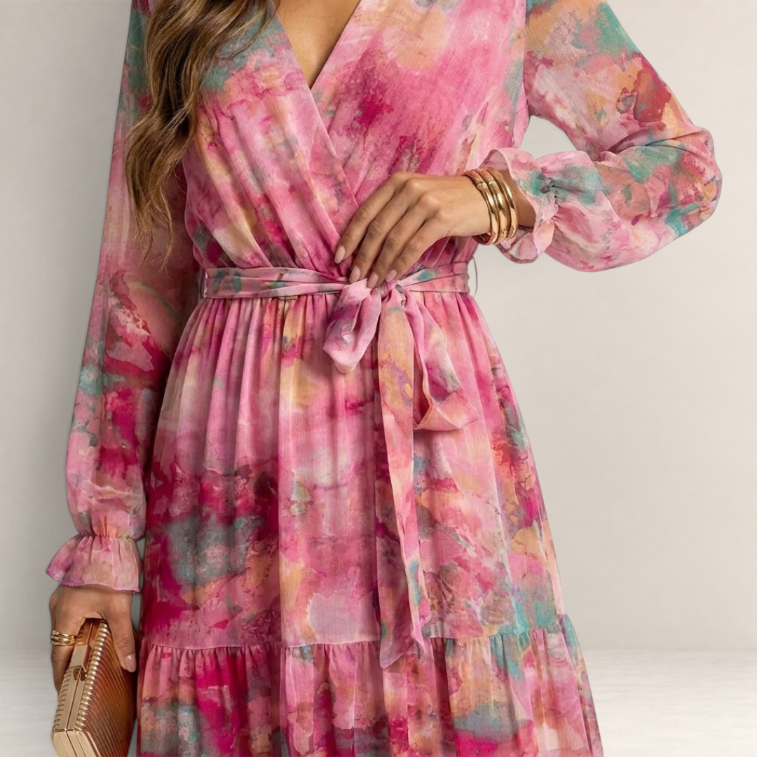 Valvet Oak House Luzia floral print wrap dress with long sleeves and a tied waist in shades of pink and teal