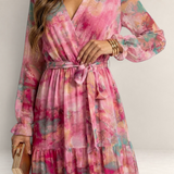 Valvet Oak House Luzia floral print wrap dress with long sleeves and a tied waist in shades of pink and teal