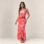 Valvet Oak House Melina floral print maxi dress with one-shoulder pleated detail and asymmetrical hem on a model.