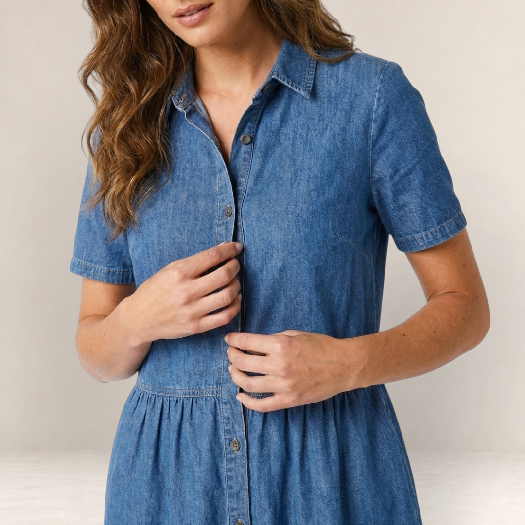 Valvet Oak House Neusa denim dress in light blue with a classic collar and button-down front on a model