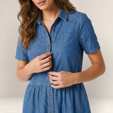 Valvet Oak House Neusa denim dress in light blue with a classic collar and button-down front on a model