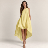 Valvet Oak House yellow linen sleeveless midi dress with a modern high-low asymmetrical hemline on a model