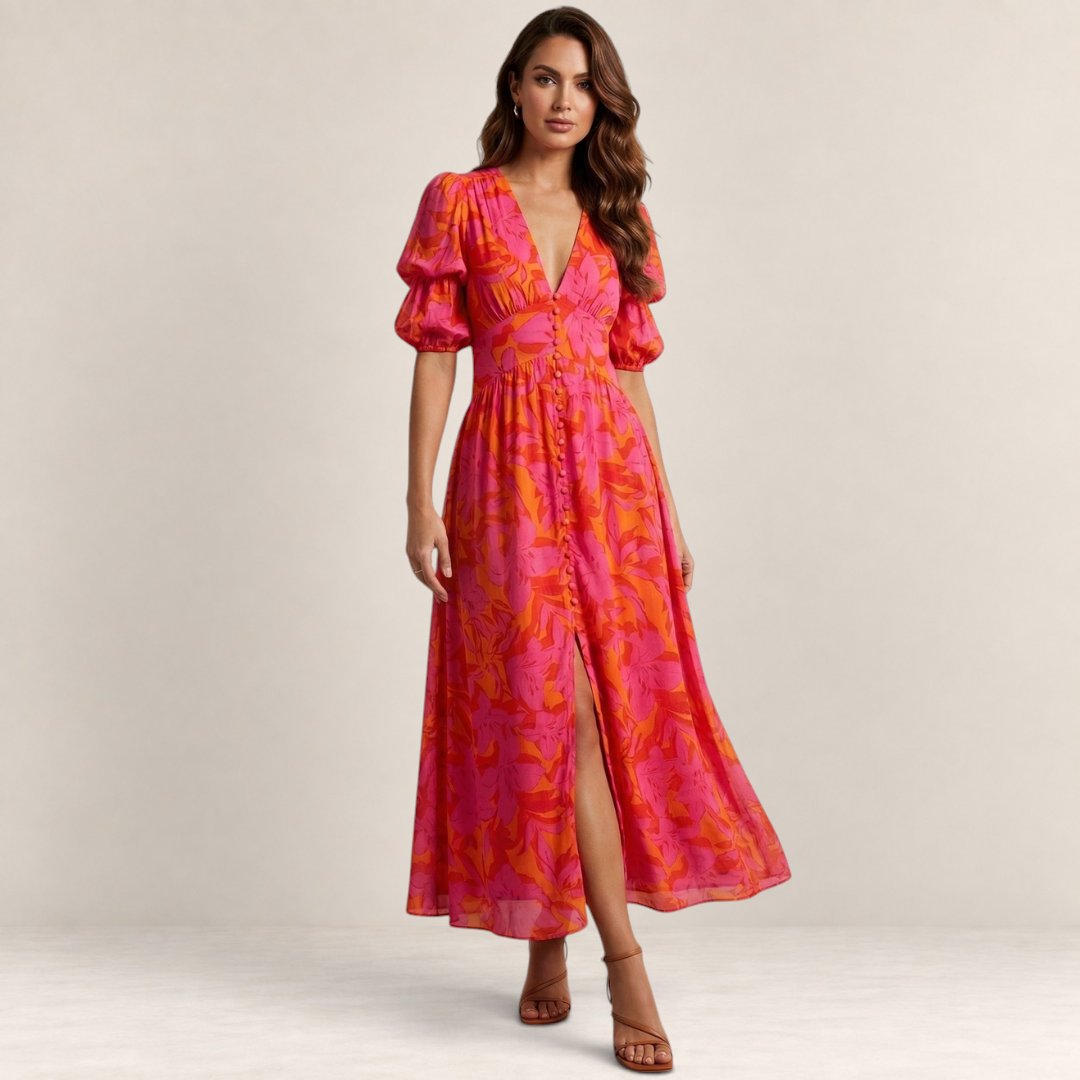 Valvet Oak House Elena maxi dress in pink and orange floral print with a deep V-neck and puff sleeves on a model