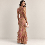 Valvet Oak House Edna Rozario chiffon maxi dress with watercolor floral print, high neck, and ruffled hem