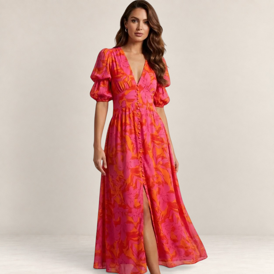 Valvet Oak House Elena maxi dress in pink and orange floral print with deep V-neck, puff sleeves, and front slit.