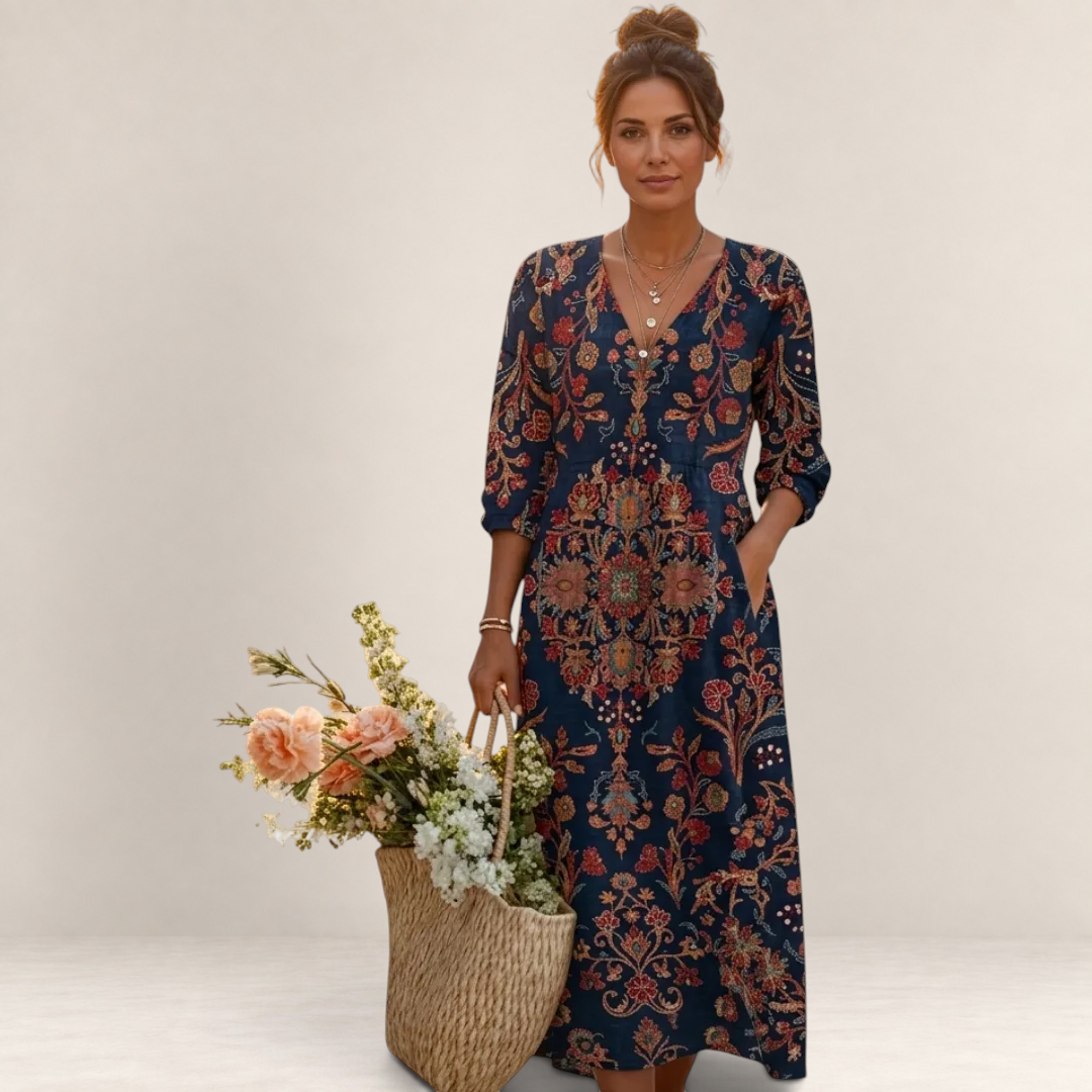 Valvet Oak House Leda long bohemian dress with ethnic floral patterns, V-neck, and pockets, worn by a woman.