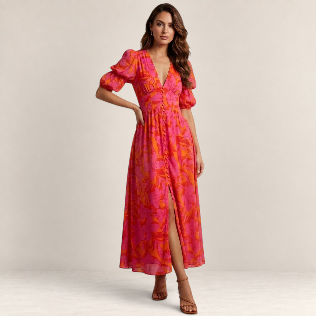 Valvet Oak House Elena maxi dress in pink and orange floral print with deep V-neck, puff sleeves, and front slit