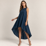 Valvet Oak House navy blue sleeveless linen midi dress with a high-low asymmetrical hem worn by a model