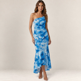 Valvet Oak House Melina blue floral one-shoulder midi dress with a pleated bodice and asymmetrical hem on a model.