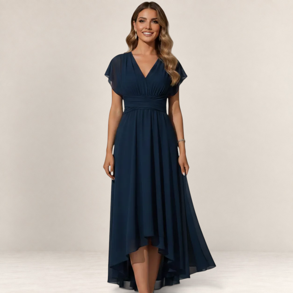 Valvet Oak House navy blue chiffon A-line midi dress with a V-neckline worn by a smiling model