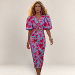Valvet Oak House Cleide midi dress with V-neck, puff sleeves, and a vibrant blue and pink floral print