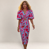 Valvet Oak House Cleide midi dress with V-neck, puff sleeves, and a vibrant blue and pink floral print