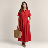 Valvet Oak House red cotton shirt dress with pleated bodice, short sleeves, and button-down front on a woman