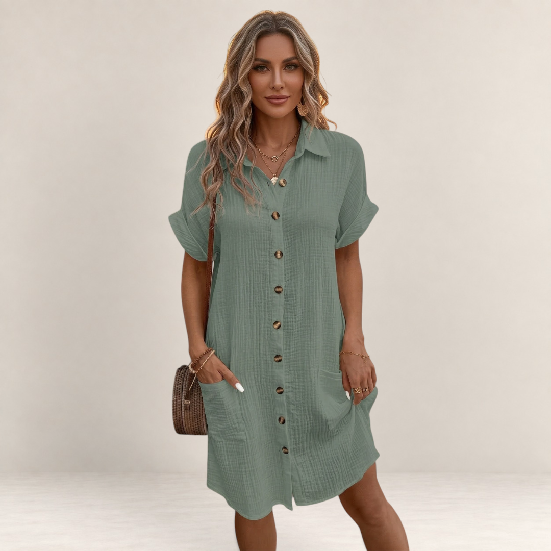 Valvet Oak House sage green button-down shirt dress with short sleeves and pockets on a model