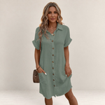 Valvet Oak House sage green button-down shirt dress with short sleeves and pockets on a model