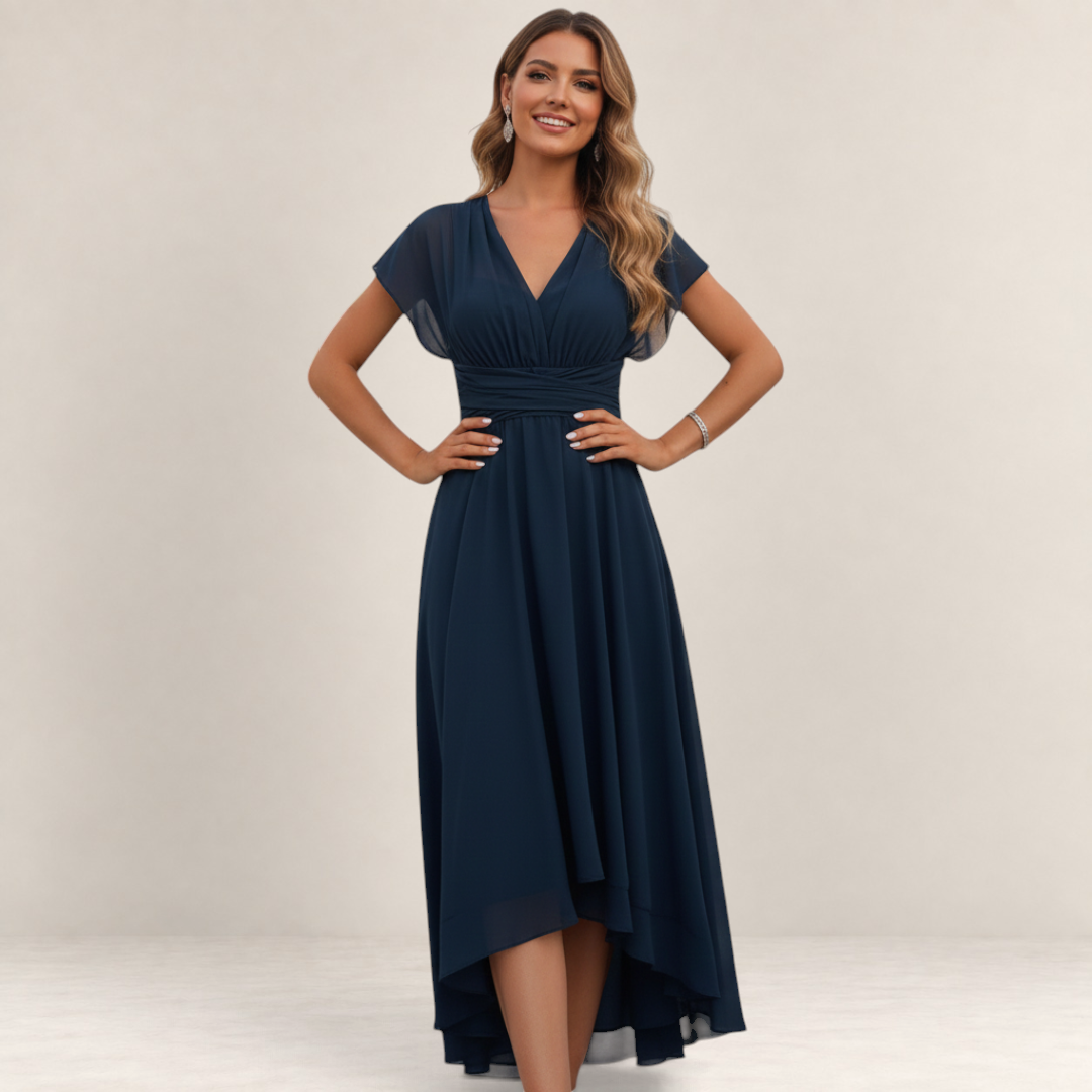 Valvet Oak House navy blue chiffon A-line dress with a V-neckline and high-low hem worn by a smiling model