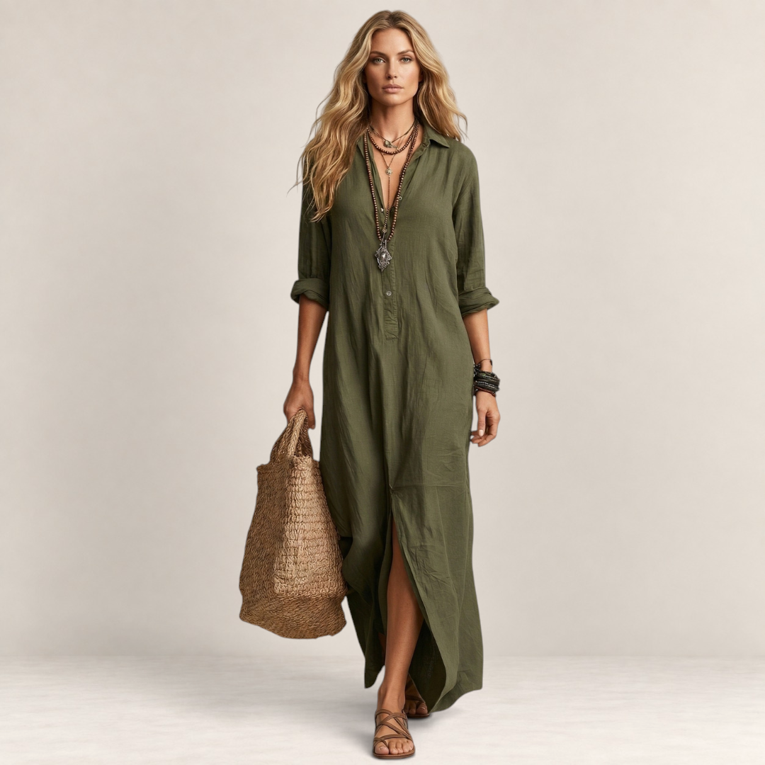 Valvet Oak House maxi shirt dress in olive green with button-down front, worn by a blonde model with a straw bag.