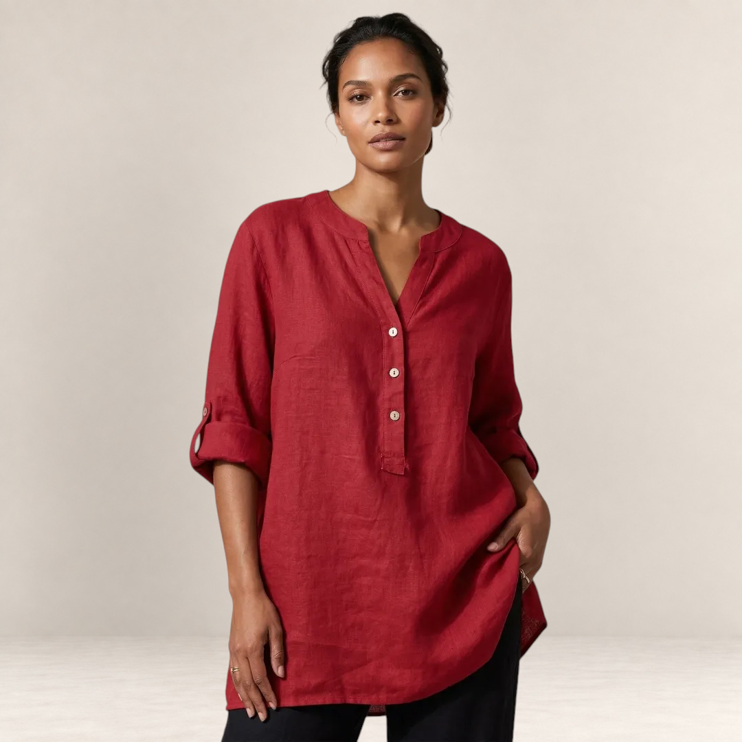Valvet Oak House Edna red linen and cotton blend blouse with a relaxed fit and button-down neckline on a model