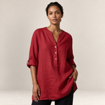 Valvet Oak House Edna red linen and cotton blend blouse with a relaxed fit and button-down neckline on a model