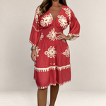 Valvet Oak House Hestia red boho summer dress with cream floral patterns, V-neckline, and three-quarter sleeves.