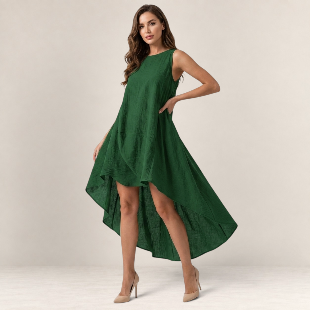 Valvet Oak House Júlia sleeveless midi dress in deep green linen with a modern high-low asymmetrical hemline