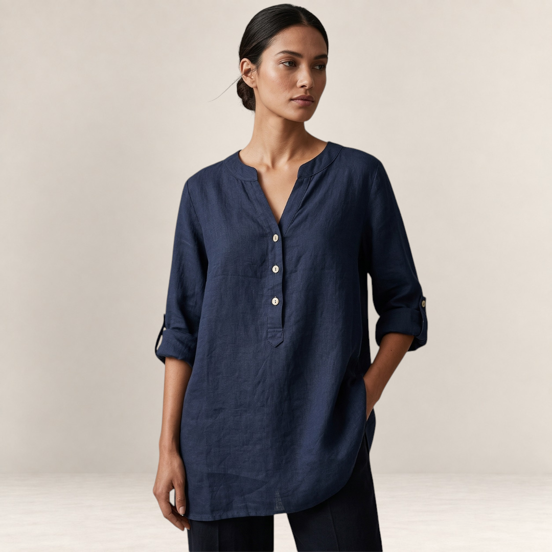 Valvet Oak House Edna navy blue linen-blend blouse with a V-neck and button placket worn by a woman