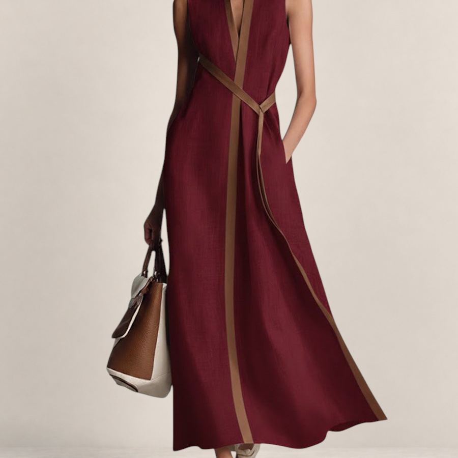 Valvet Oak House sleeveless burgundy linen-blend maxi dress with a stand collar and brown trim, worn by a model.