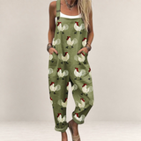 Valvet Oak House olive green printed jumpsuit with rooster pattern, loose fit, wide legs, and adjustable straps.