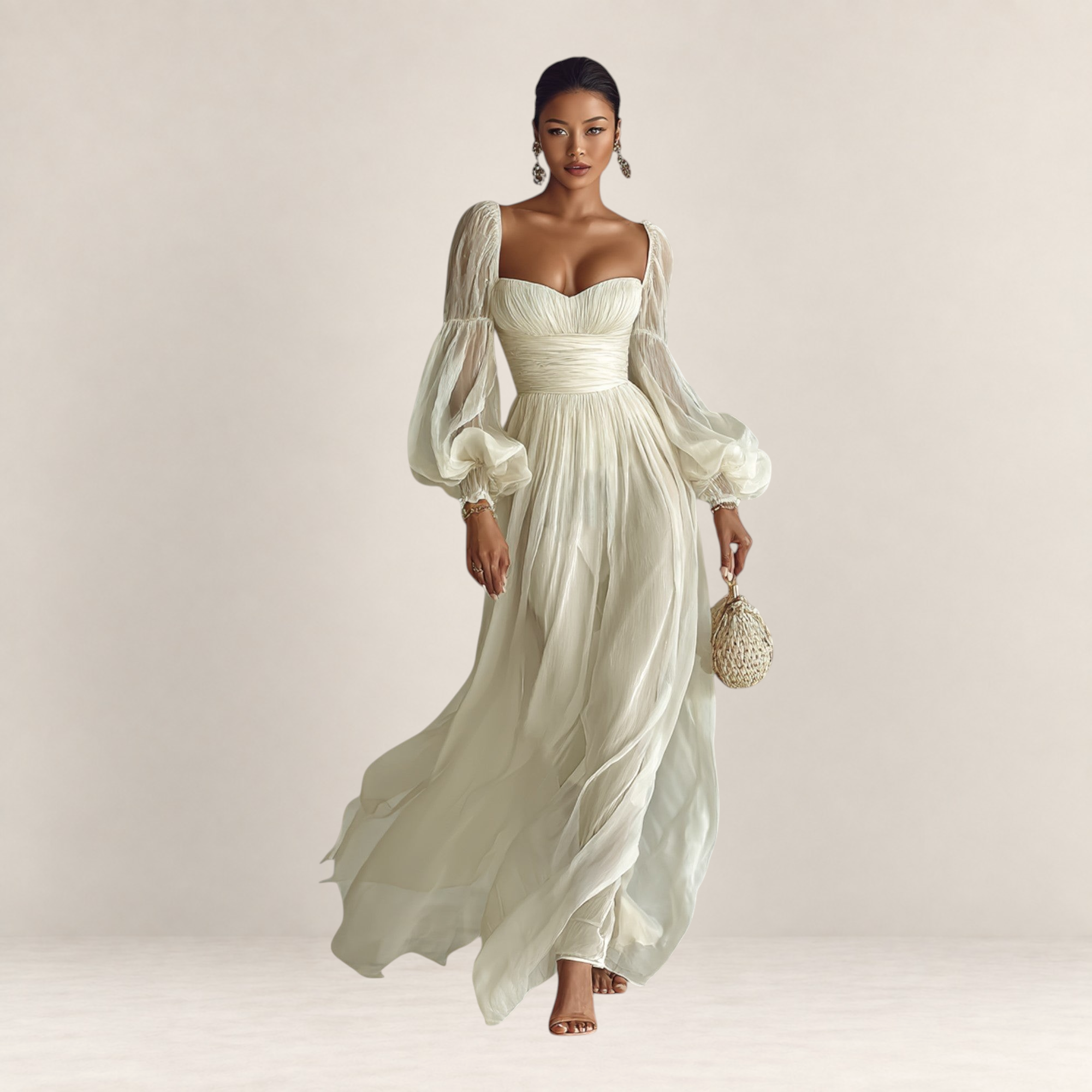 Valvet Oak House romantic cream maxi dress with sheer puff sleeves and a flowing, lightweight silhouette.