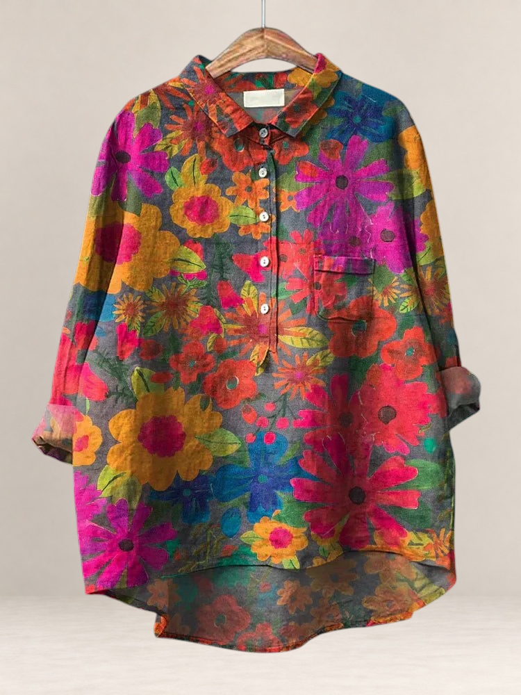 Valvet Oak House Anastasia shirt in 100% Tencel with a vibrant, multi-colored botanical floral art print.