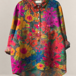 Valvet Oak House Anastasia shirt in 100% Tencel with a vibrant, multi-colored botanical floral art print.
