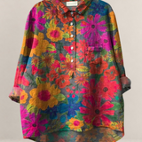 Valvet Oak House Anastasia shirt in 100% Tencel with a vibrant, multi-colored botanical floral art print.