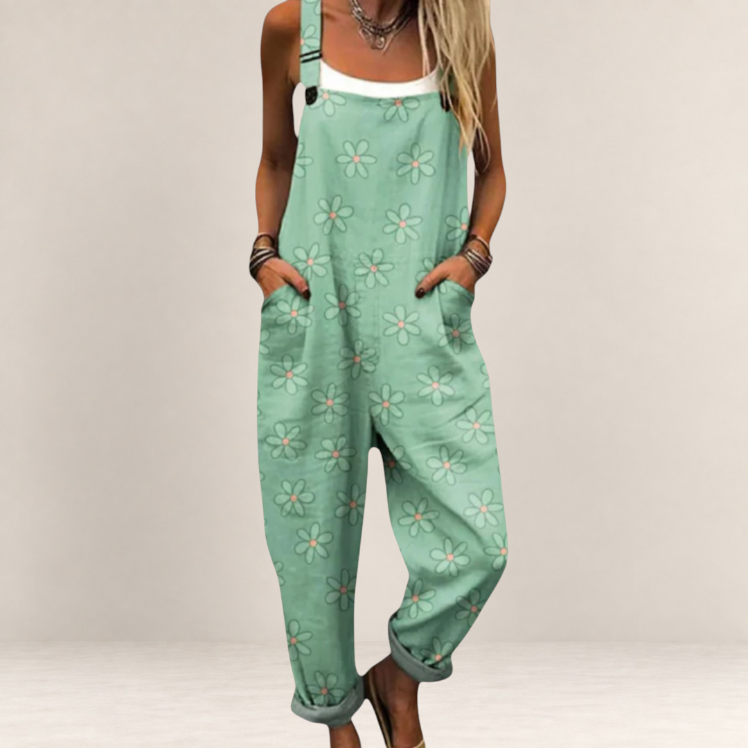 Valvet Oak House Anastasia loose-fit mint green floral print jumpsuit with adjustable straps and wide legs