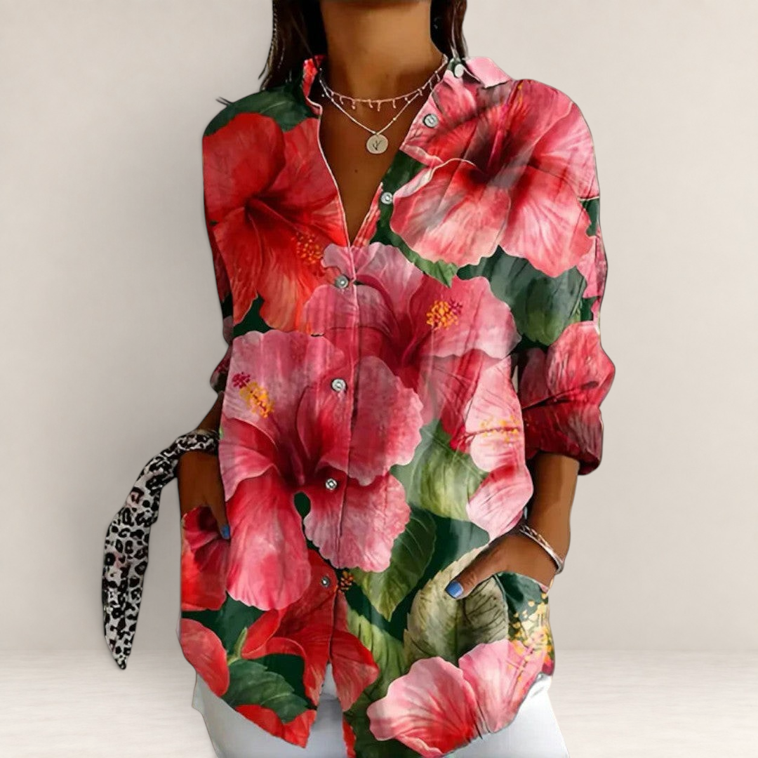 Valvet Oak House long-sleeve button-down shirt featuring a vibrant red and pink tropical hibiscus floral print
