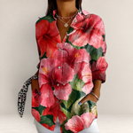 Valvet Oak House long-sleeve button-down shirt featuring a vibrant red and pink tropical hibiscus floral print
