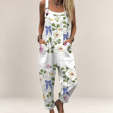 Valvet Oak House white loose-fit jumpsuit featuring a whimsical goose and floral print with adjustable straps