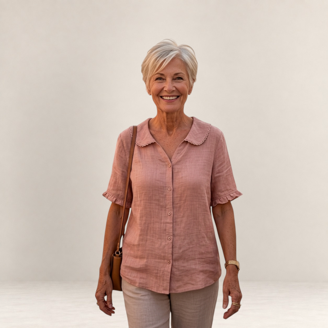 Valvet Oak House Pietra light pink cotton blouse with ruffled collar and short sleeves worn by a smiling woman