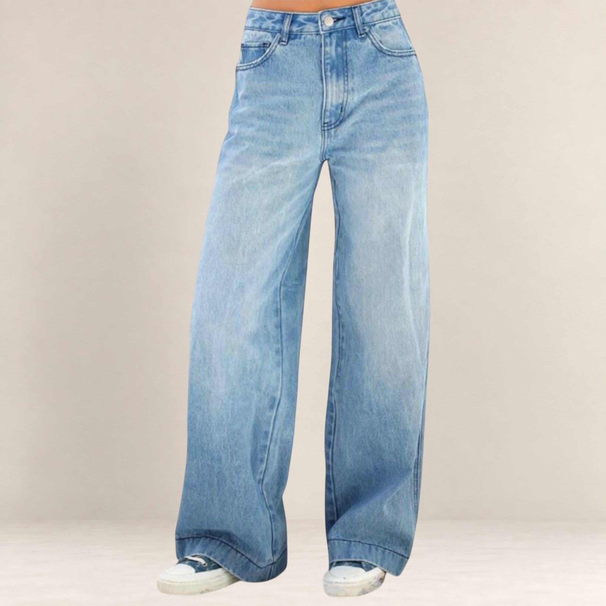 Valvet Oak House light wash wide-leg denim jeans with a high-waisted fit and relaxed silhouette.