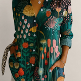 Valvet Oak House Pietra shirt featuring a vibrant green botanical print with colorful floral patterns and button front