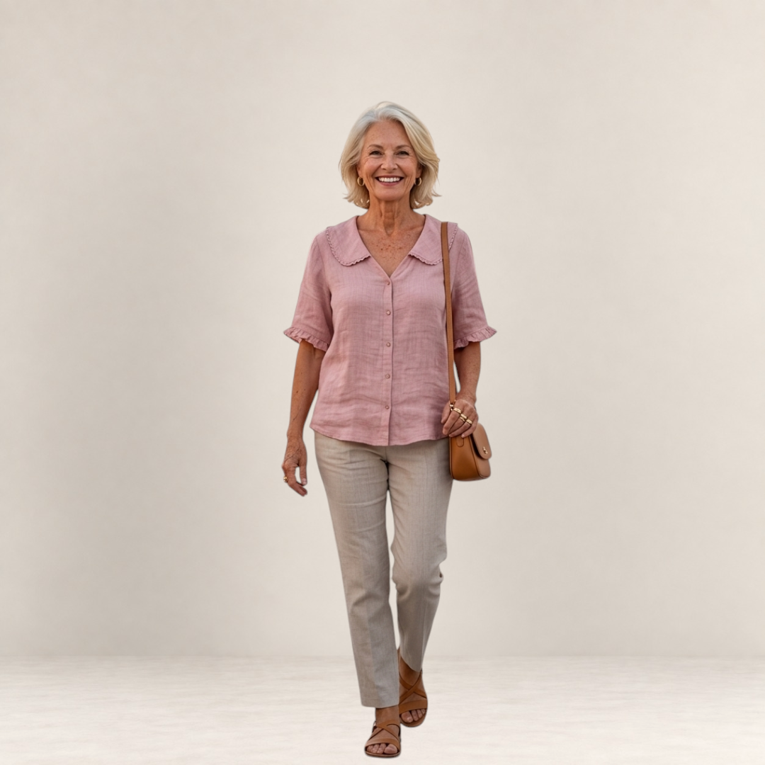 Valvet Oak House light pink cotton blouse with ruffled collar worn by a smiling woman with trousers and sandals
