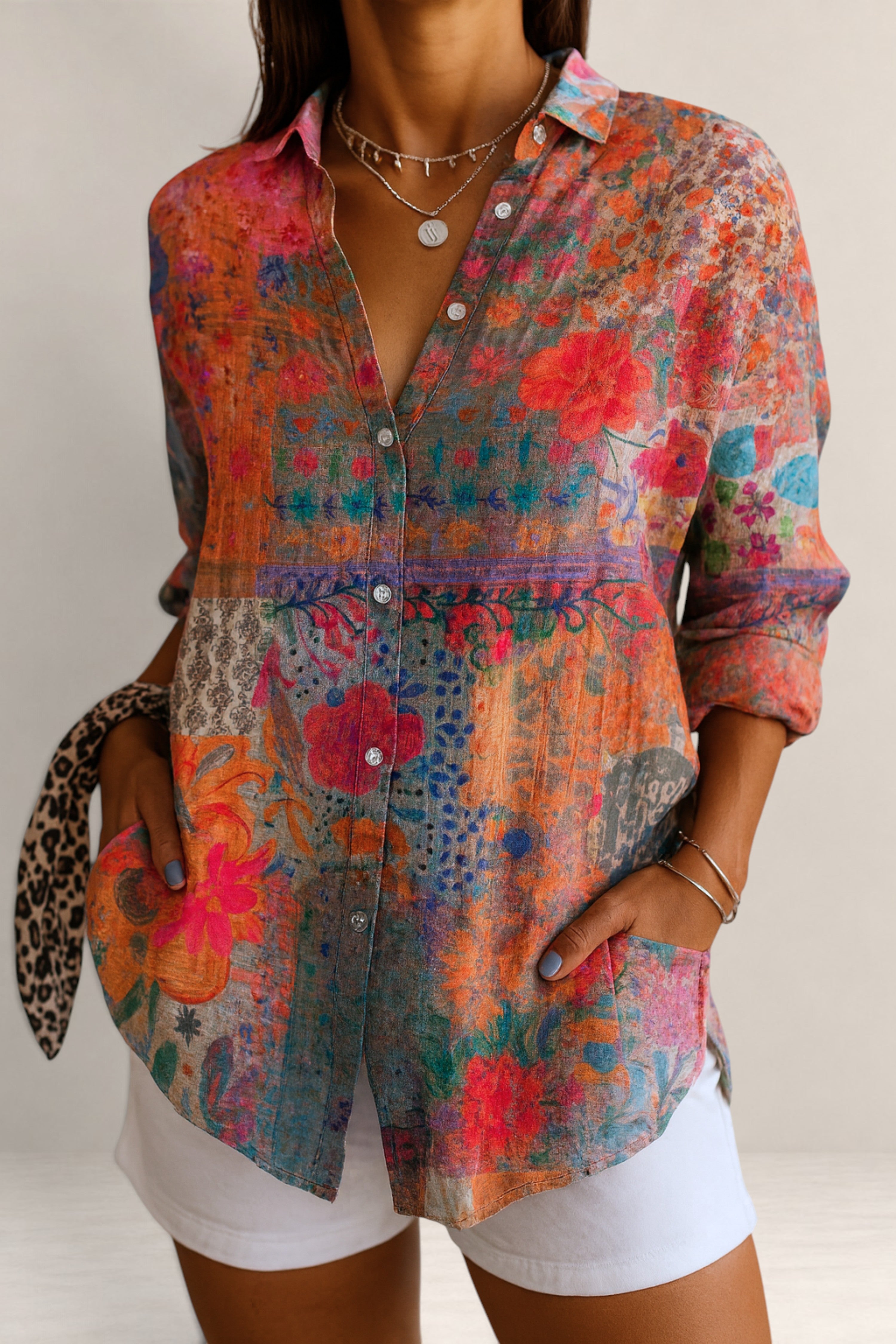 Valvet Oak House Pietra button-down shirt featuring a vibrant multi-colored floral pattern and a relaxed fit
