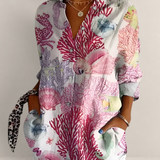Valvet Oak House white button-down blouse with pink and blue coral reef print, V-neck, and long sleeves.
