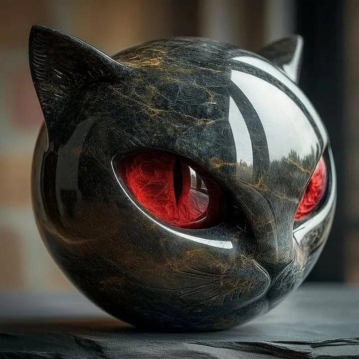 Mystická socha hlavy černé kočky