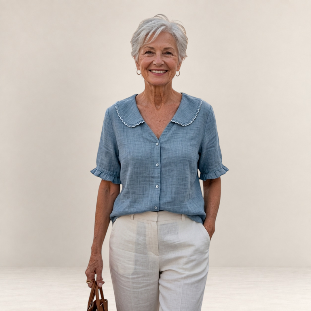 Valvet Oak House Pietra light blue cotton blouse with ruffled collar and sleeves worn by a smiling mature woman