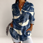 Valvet Oak House long-sleeve button-down shirt featuring a navy blue and white koi fish and wave pattern