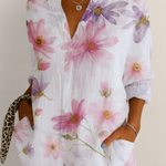 Valvet Oak House Pietra button-down shirt with pink and purple floral watercolor print on white linen fabric