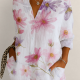 Valvet Oak House Pietra button-down shirt with pink and purple floral watercolor print on white linen fabric