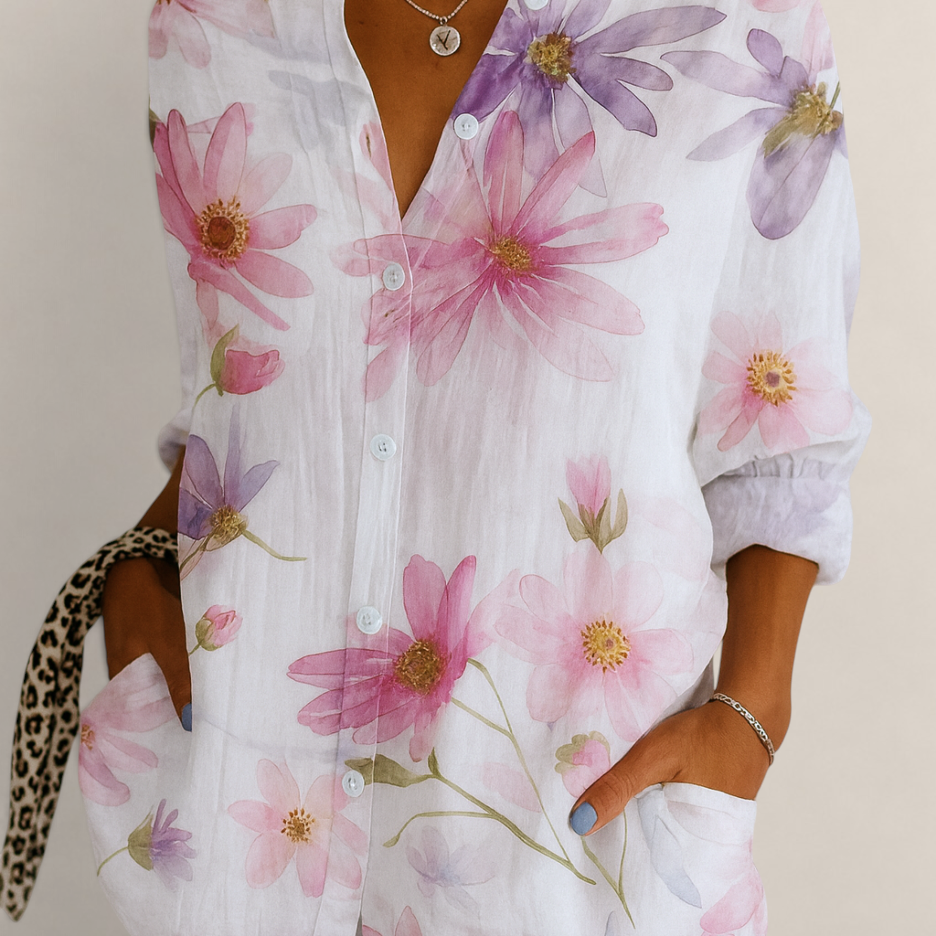 Valvet Oak House Pietra button-down shirt with pink and purple floral watercolor print on white linen fabric