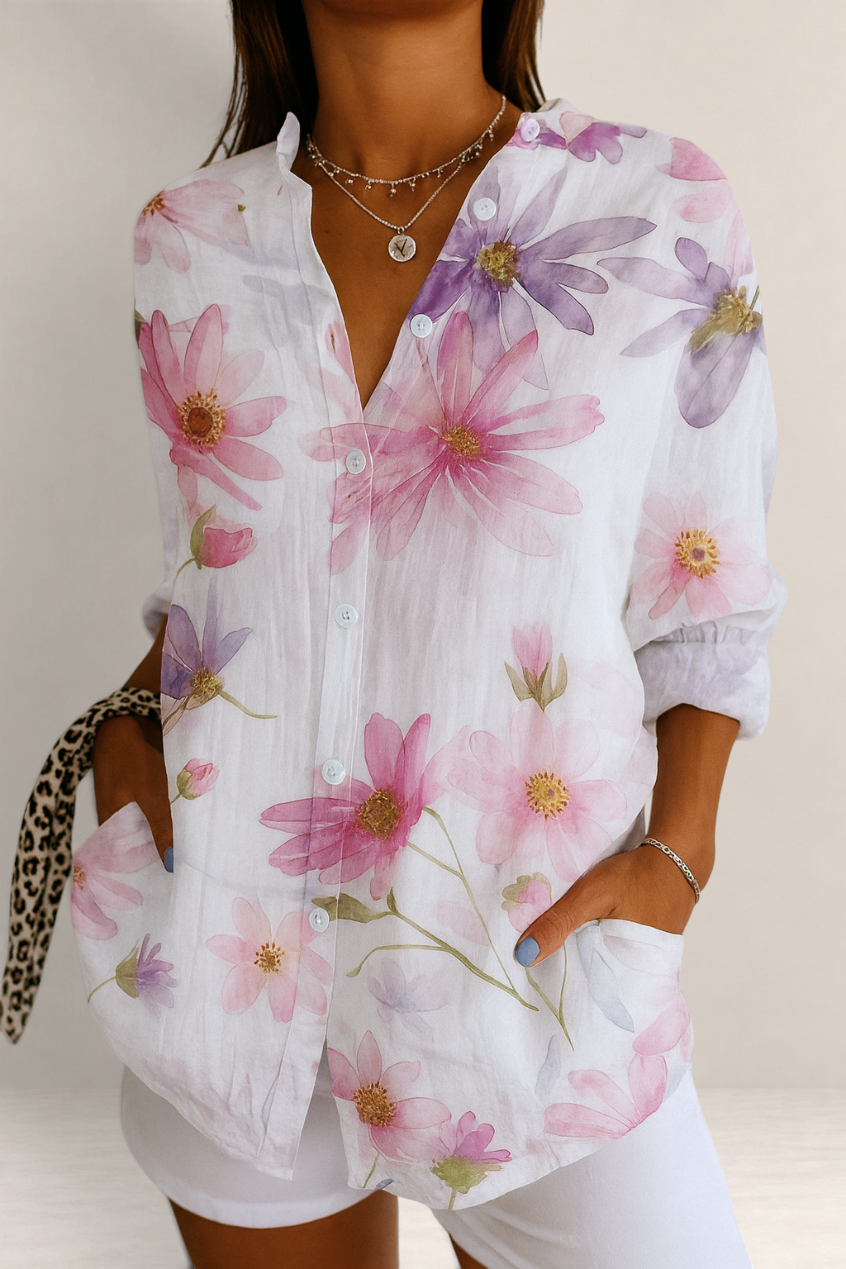 Valvet Oak House Pietra button-down shirt with pink and purple floral watercolor print on white linen fabric